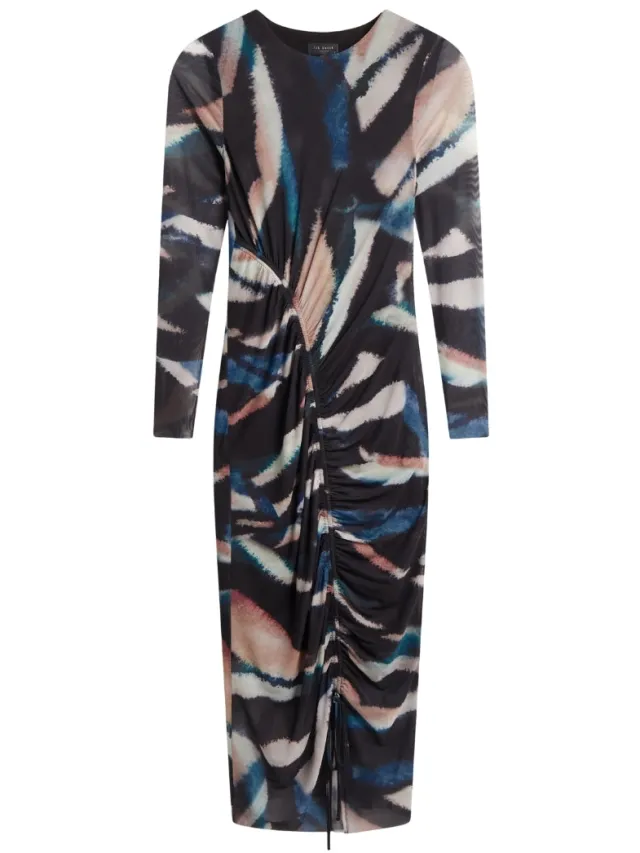Ted Baker Ellylou Bodycon Jurk Met Print En Mesh En Plooien, Zwart