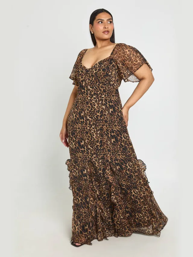 boohoo Dames Plus Maat Luipaardprint Chiffon Pofmouw Ruches Maxi Jurk