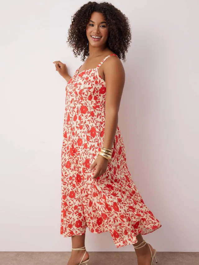 Trendyol Curve Dames Roze Bloemen Midi Mouwloos Casual Recht Grote maten Jurk