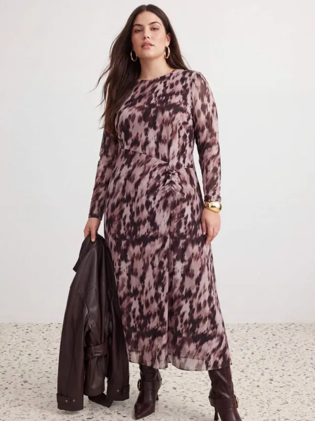Trendyol Curve Dames Bruin Met grafische print Maxi Lang A-lijn Grote maten Jurk