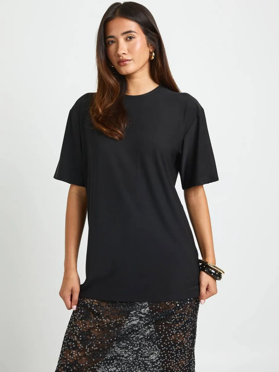 boohoo Dames Superzachte T-shirt Jurk Met Pailletten Kanten Zoom zwart, foto 2
