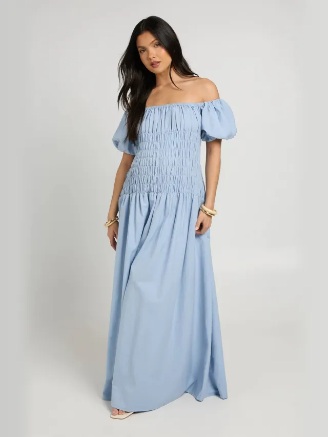 boohoo Dames Zwangerschaps Linnen-look Maxi Jurk Met Pofmouwen En Gesmockt Lijfje Pastelblauw