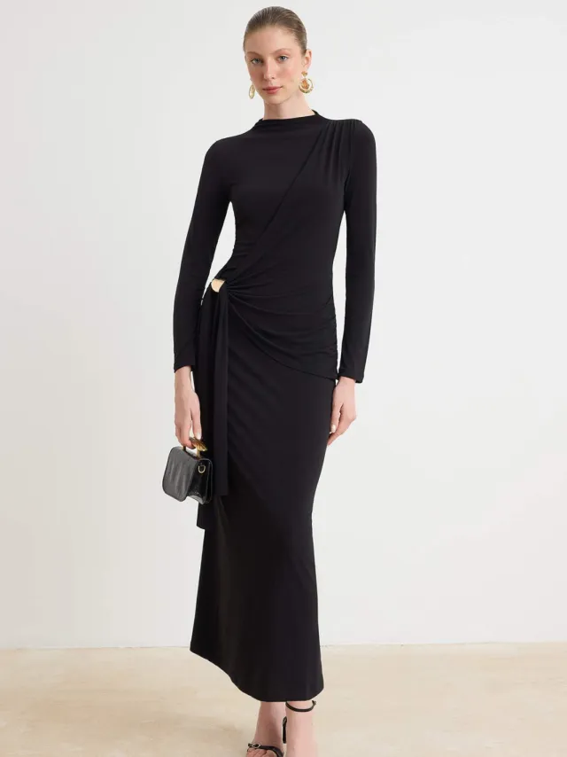 Trendyol Modest Dames Zwart Effen Maxi Lang Casual Bodycon Modest Jurken