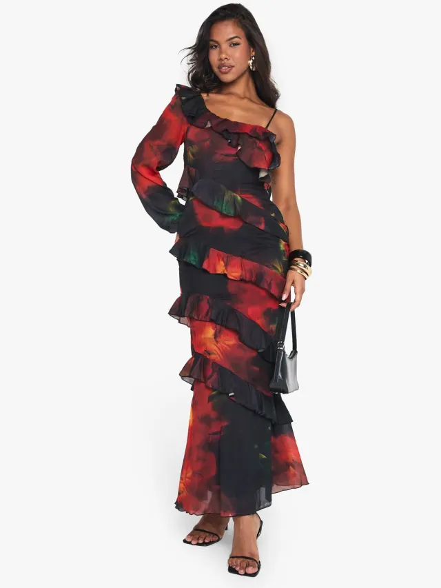 boohoo Dames Donkere maxijurk met bloemenprint en ruches Zwart