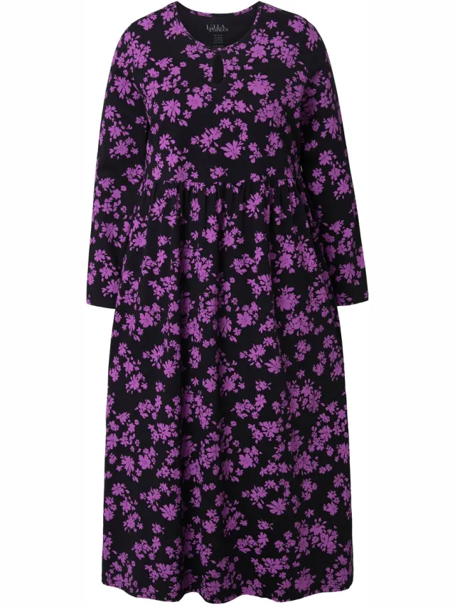 Ulla Popken Dames - Maxi-jurk bloemen A-lijn ronde hals lange mouw zakken - Paars - Maat 50+