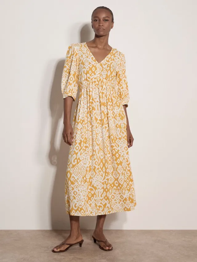 Apricot Tapestry Ikat Midi-jurk Mosterd