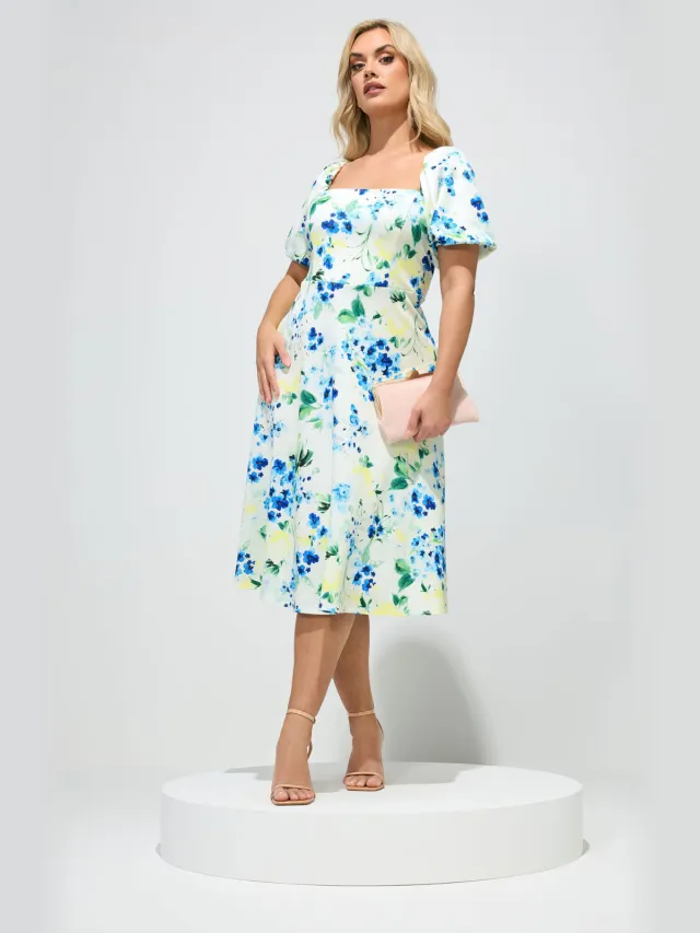 Yours London Witte Jurk Met Bloemenprint En Vierkante Hals White