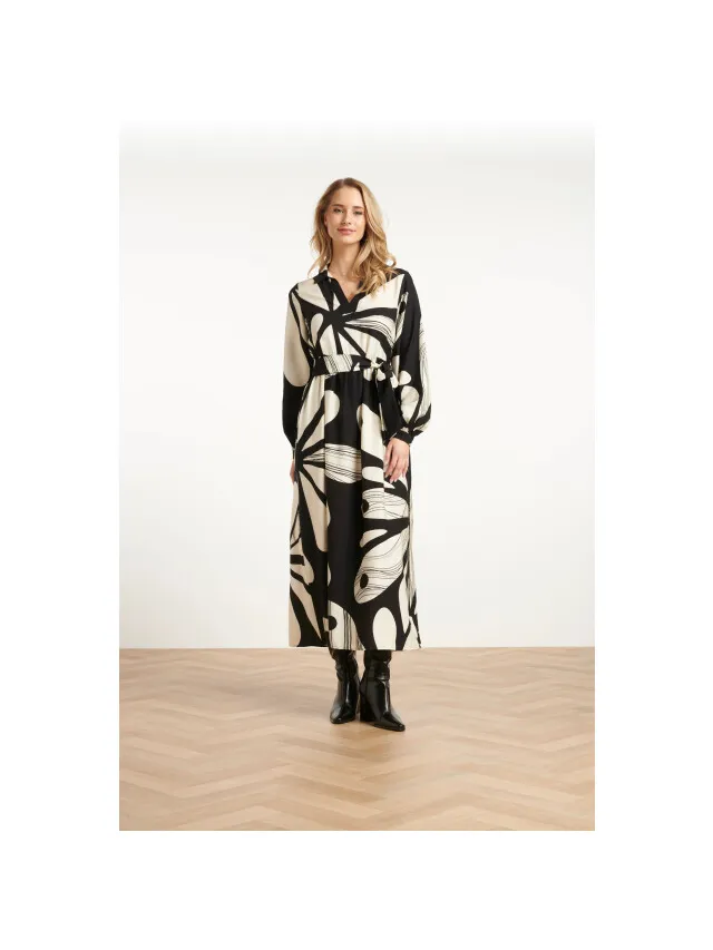 Smashed Lemon Maxi jurk met graffische bloemenprint in zwart en off-white