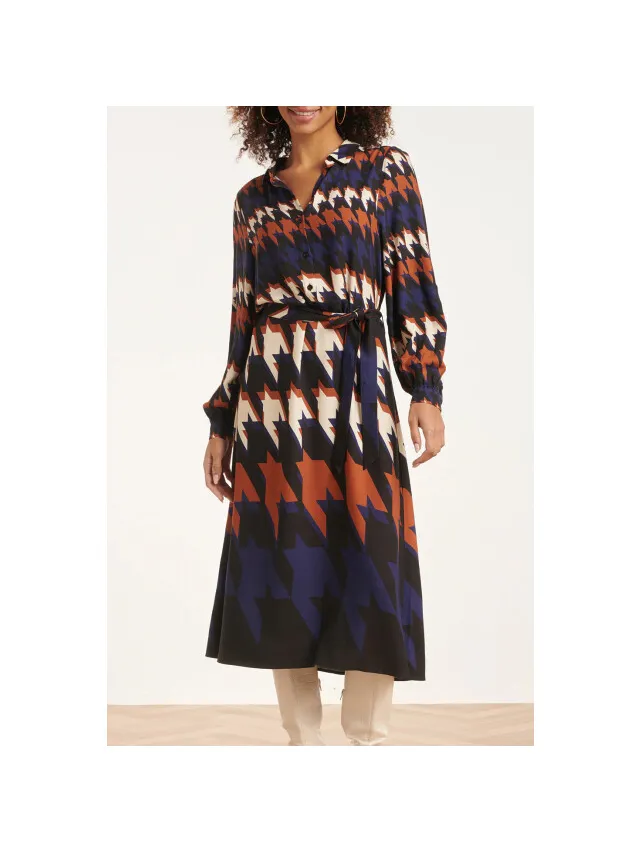 Smashed Lemon 24526 houndstooth print midi jurk Zwart