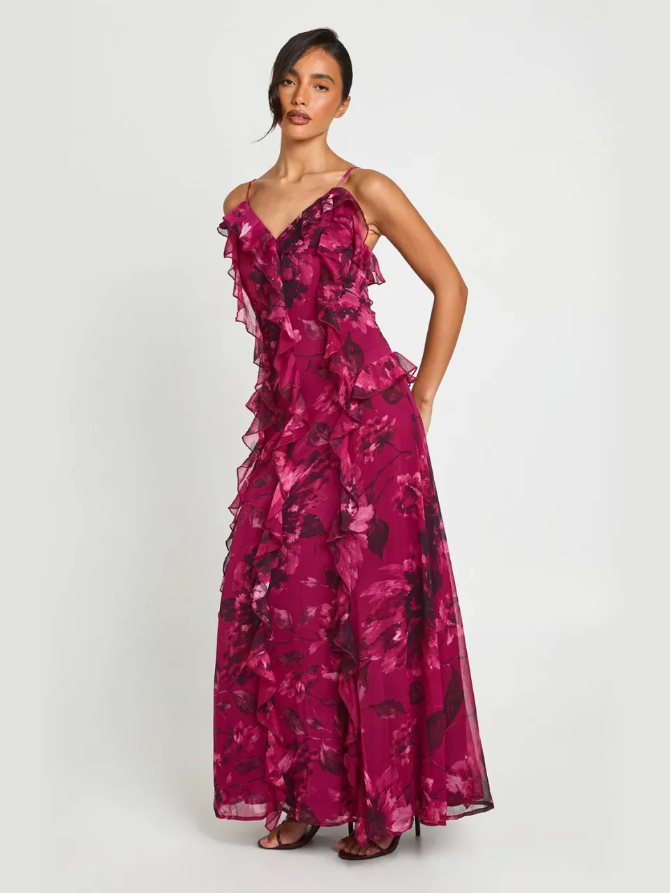 boohoo Dames Bloemen Chiffon Maxi Jurk Met Ruches Detail pruim, foto 2
