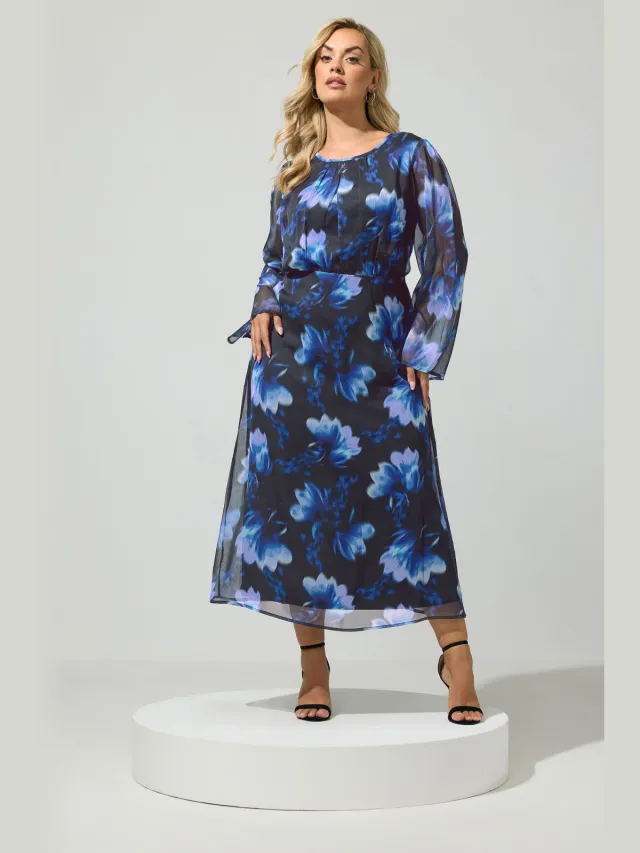Yours London Zwarte Jurk Met Abstracte Bloemenprint En Sleutelgat Black