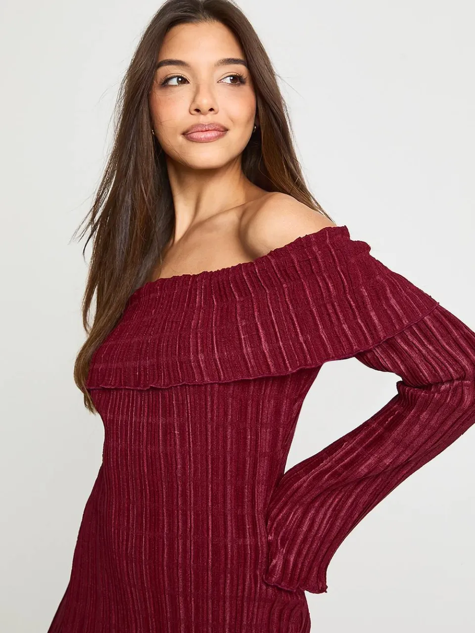 boohoo Dames Getextureerde Bardot Maxi-jurk wijn, foto 4