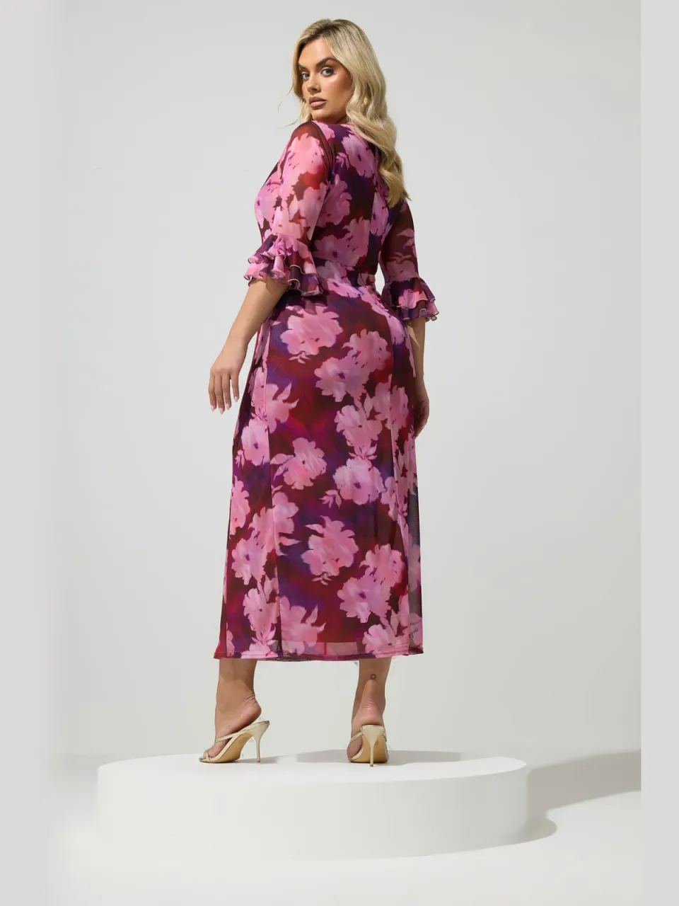 Yours London Roze En Rode Jurk Met Wazige Bloemenprint En Sleutelgat, foto 2
