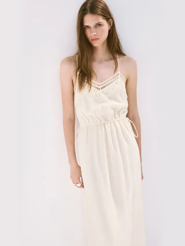 Mango broderie midi zomerjurk - beige