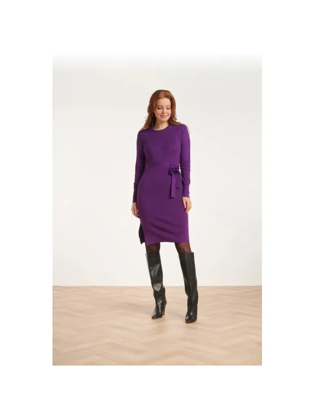 Smashed Lemon 24622 paarse gebreide jurk met ronde hals