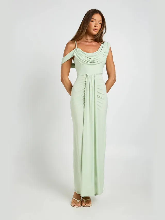 boohoo Dames Dubbele Laag Slinky Drape Voorkant Cold Shoulder Maxi Jurk Verstandig