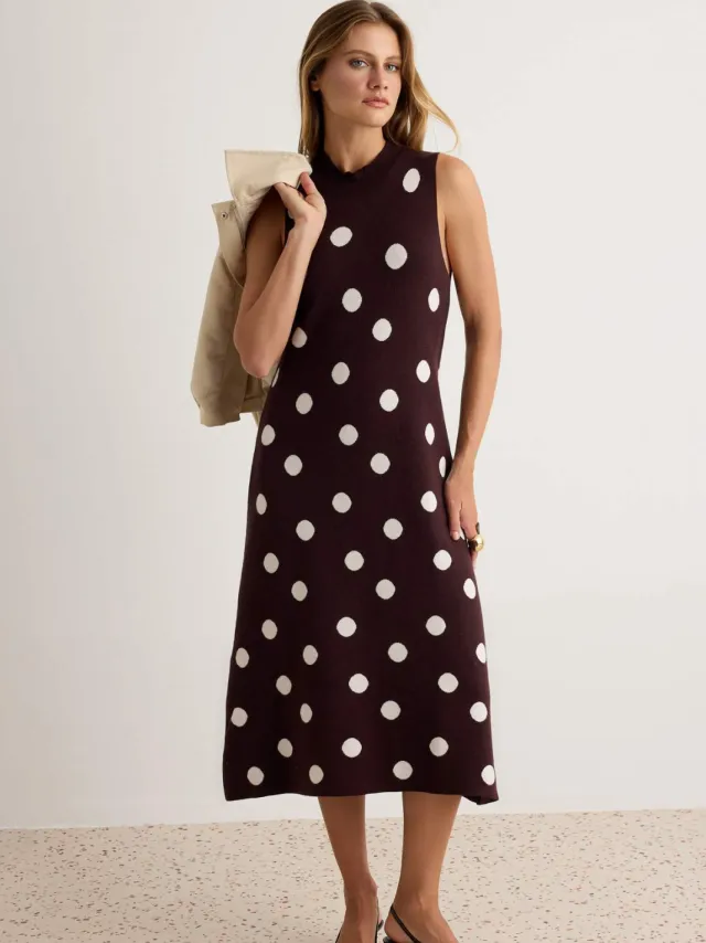 Trendyol TRENDYOLMİLLA Dames Bruin Gestippeld Midi Mouwloos Avond- Dagelijks Shift-model Jurken