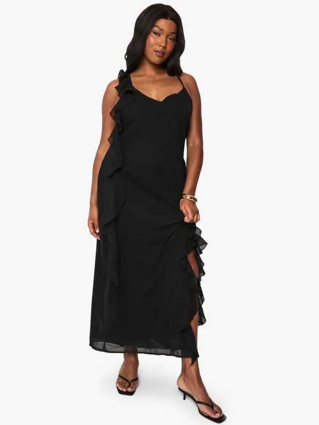 boohoo Dames Plus Chiffon Ruffle Maxi Jurk Zwart