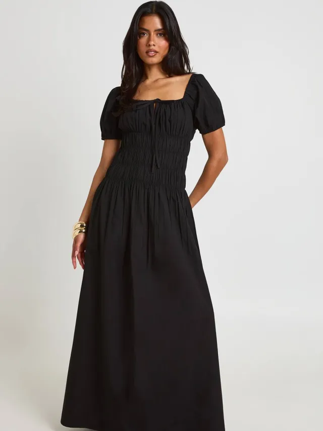 boohoo Dames Katoenen Popeline Maxi Jurk Met Gerimpeld Lijfje En Pofmouwen Zwart