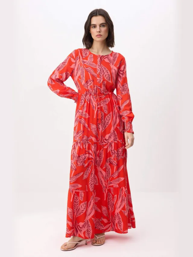 Turkishsouq Lange maxi-jurk met bloemenprint voor dames, geschikt voor gebruik met een hijab. Rood