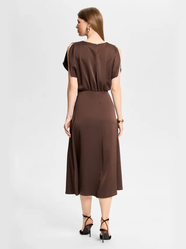Swing Cocktailjurk Dames – Midi – Open Schouders – Bruin – Maat 48 /