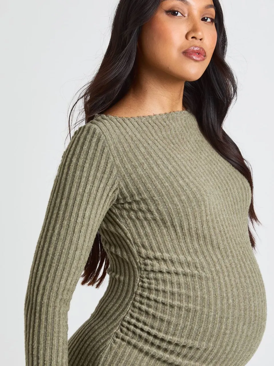 boohoo Dames Zwangerschaps Off-shoulder Midaxi Jurk kaki, foto 4