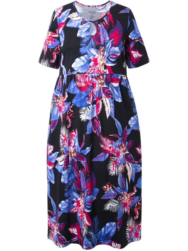 Ulla Popken Dames - Maxi-jurk bloemen A-lijn ronde hals korte mouwen - Zwart - Maat 58+