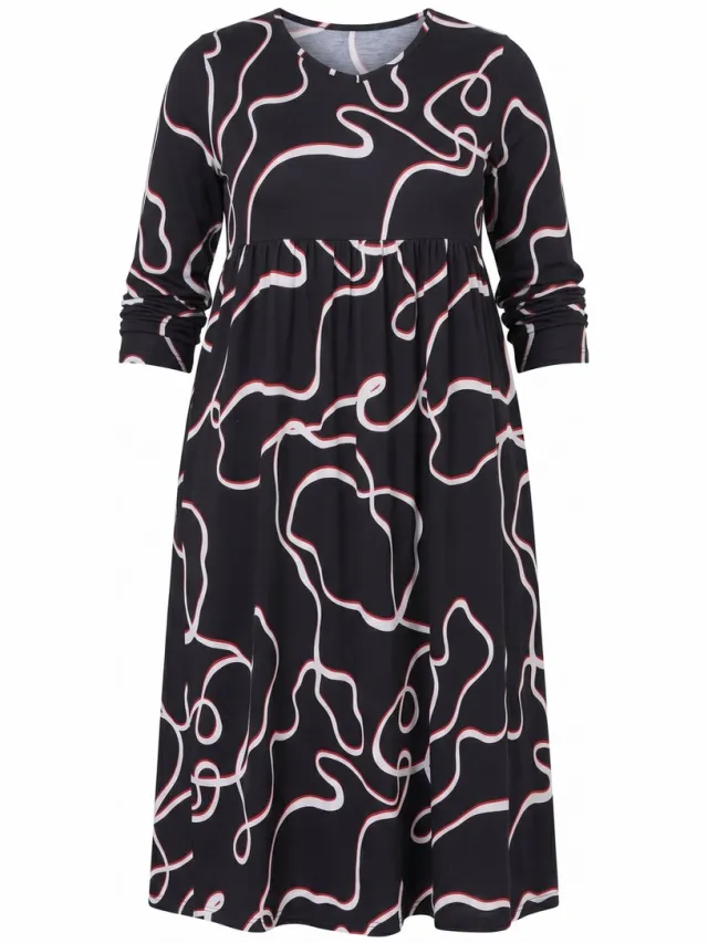 Ulla Popken Dames - Maxi-jurk met motief A-lijn V-hals lange mouwen - Zwart - Maat 66+