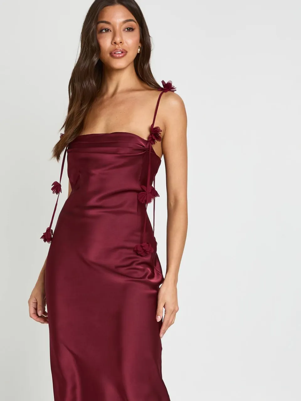 boohoo Dames Midaxi Jurk Met Bandjes, Chiffon Bloemendetail bordeaux rood, foto 2
