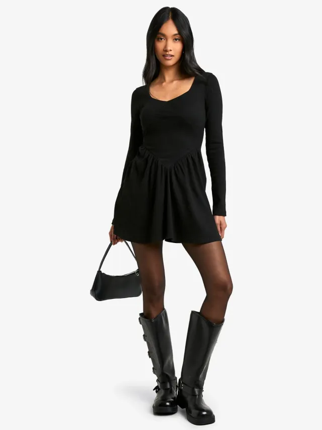 boohoo Dames Rib Dropped Hem Smock-jurk Zwart