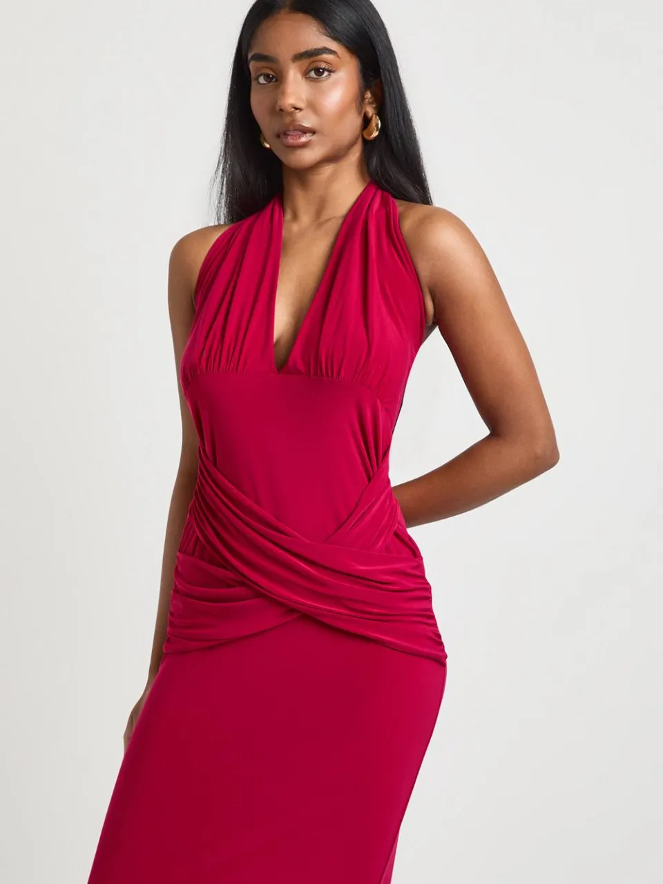 boohoo Dames Slinky Maxi-jurk Met Diepe Halternek En Wikkeldetail In De Taille magenta, foto 3