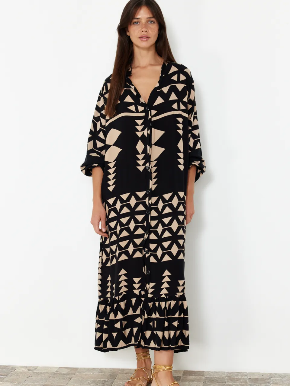 Trendyol TRENDYOLMİLLA Dames Zwart Etnisch patroon Midi Driekwart mouw Avond / Dagelijks Blousejurk Jurken