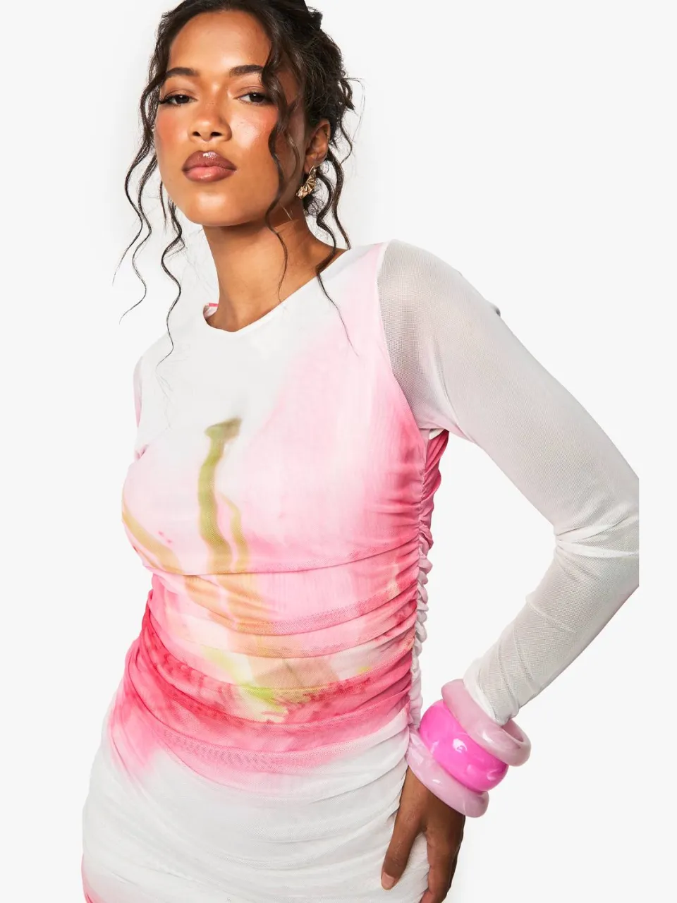 boohoo Dames Florale Mesh geruched mini-jurk ivoor, foto 5