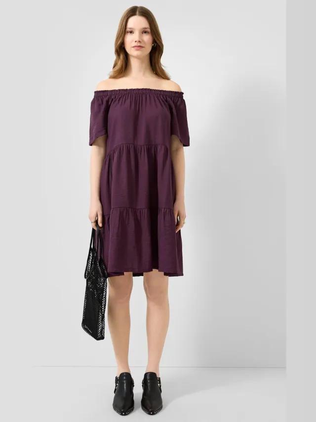 QS female - Jurk van viscose-mix met carmenhalslijn bordeaux