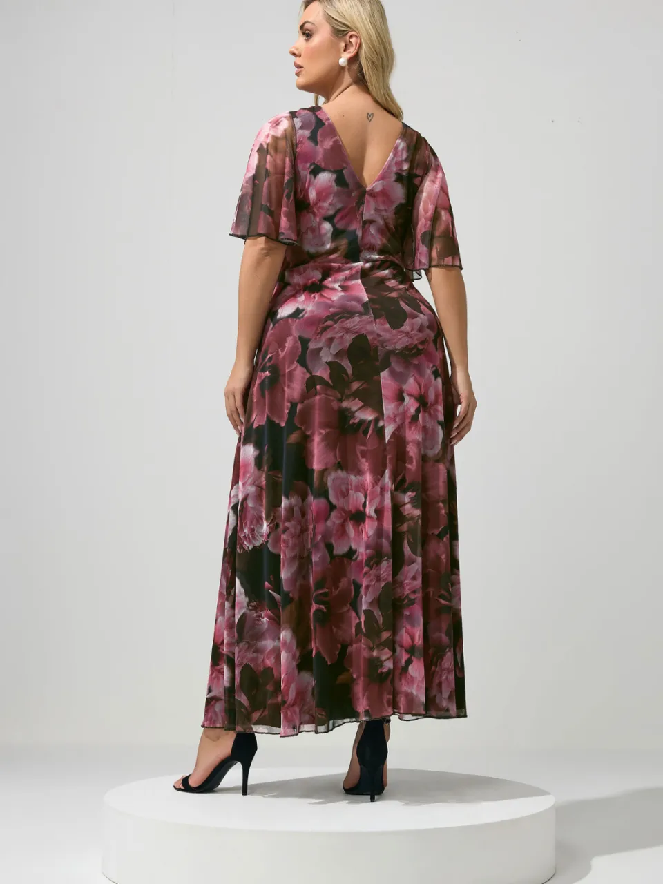 Yours London Bourgondisch Rood Bloemen Abstract Mesh Jurk, foto 3