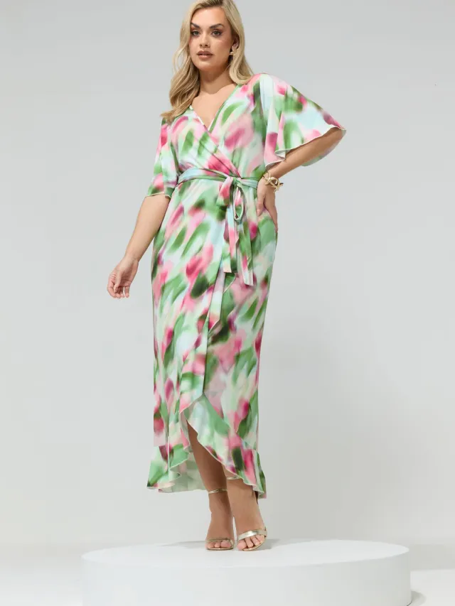 Yours London Groen En Roze Abstracte Wikkeljurk Met Ruches Ruchezoom Green