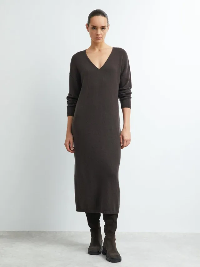 Comma female - Oversized gebreide jurk van een wolmix donkerbruin