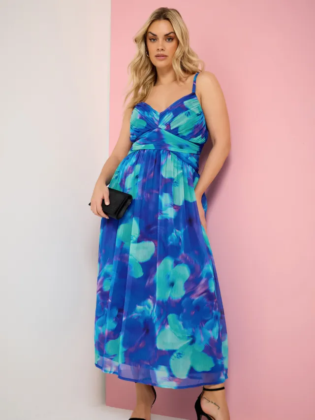 Yours London Blauwe Chiffon Maxijurk Met Bloemenprint Blue