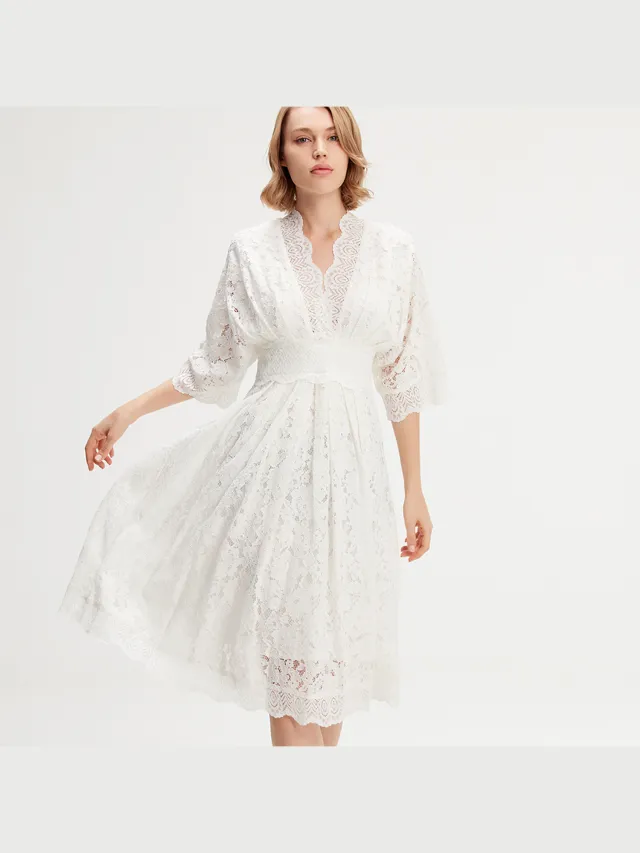 Smart & Joy Kimono mouwen kanten jurk Wit