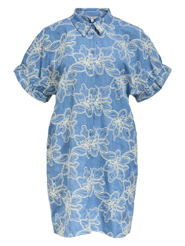 Object jacquard gebloemde korte jurk - blauw Blauw/ecru