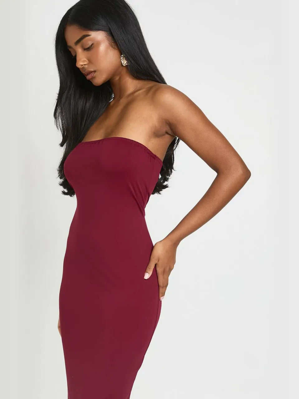 boohoo Dames Superzachte Bandeau Midi-jurk bordeaux rood, foto 2