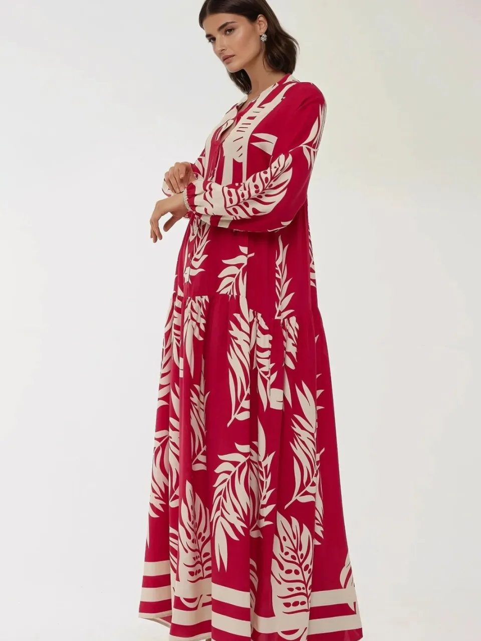 Hiccup Geprinte Lange Mouwen Viscose Maxi Jurk rood, foto 2
