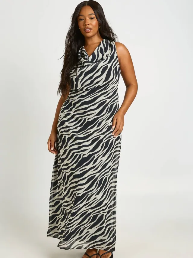 boohoo Dames Plus Zebra Chiffon Cowl Neck Maxi Jurk Zwart