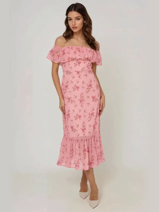 Hiccup Off-shoulder bloemenpatroon bodycon midi-jurk Roze