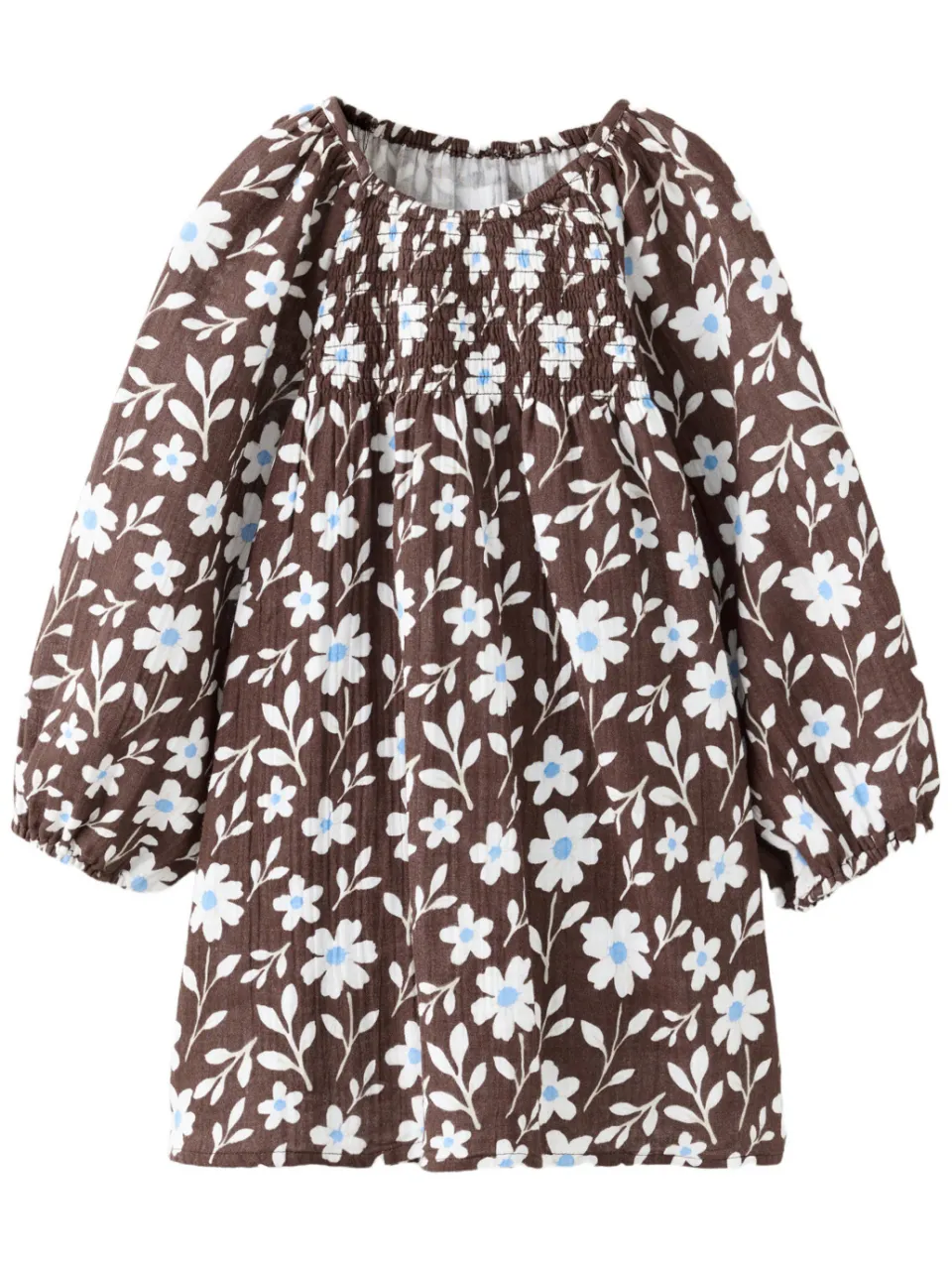 Mango Kids gebloemde korte jurk met smockwerk lichtblauw donkerbruin/wit/lichtblauw, foto 2