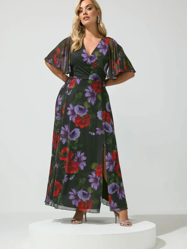 Yours London Curve Zwarte Maxiwikkeljurk Met Bloemenprint Black