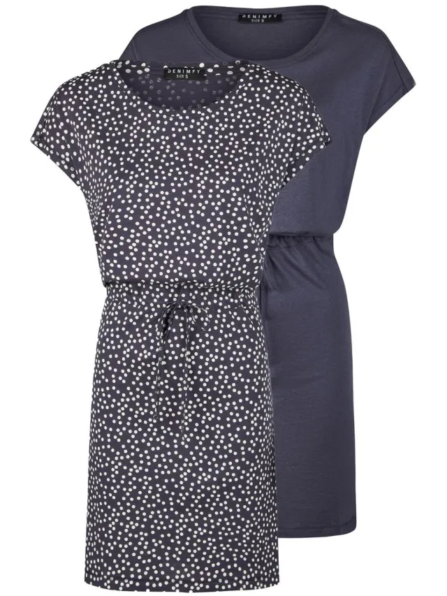 DENIMFY Dames Jurk DFBella regular fit Blauw XXL Ronde Hals Volwassenen Zomerjurk All-over print