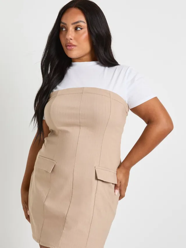 boohoo Dames Plus Pinstripe Bandeau Detail T-shirt Jurk Taupe