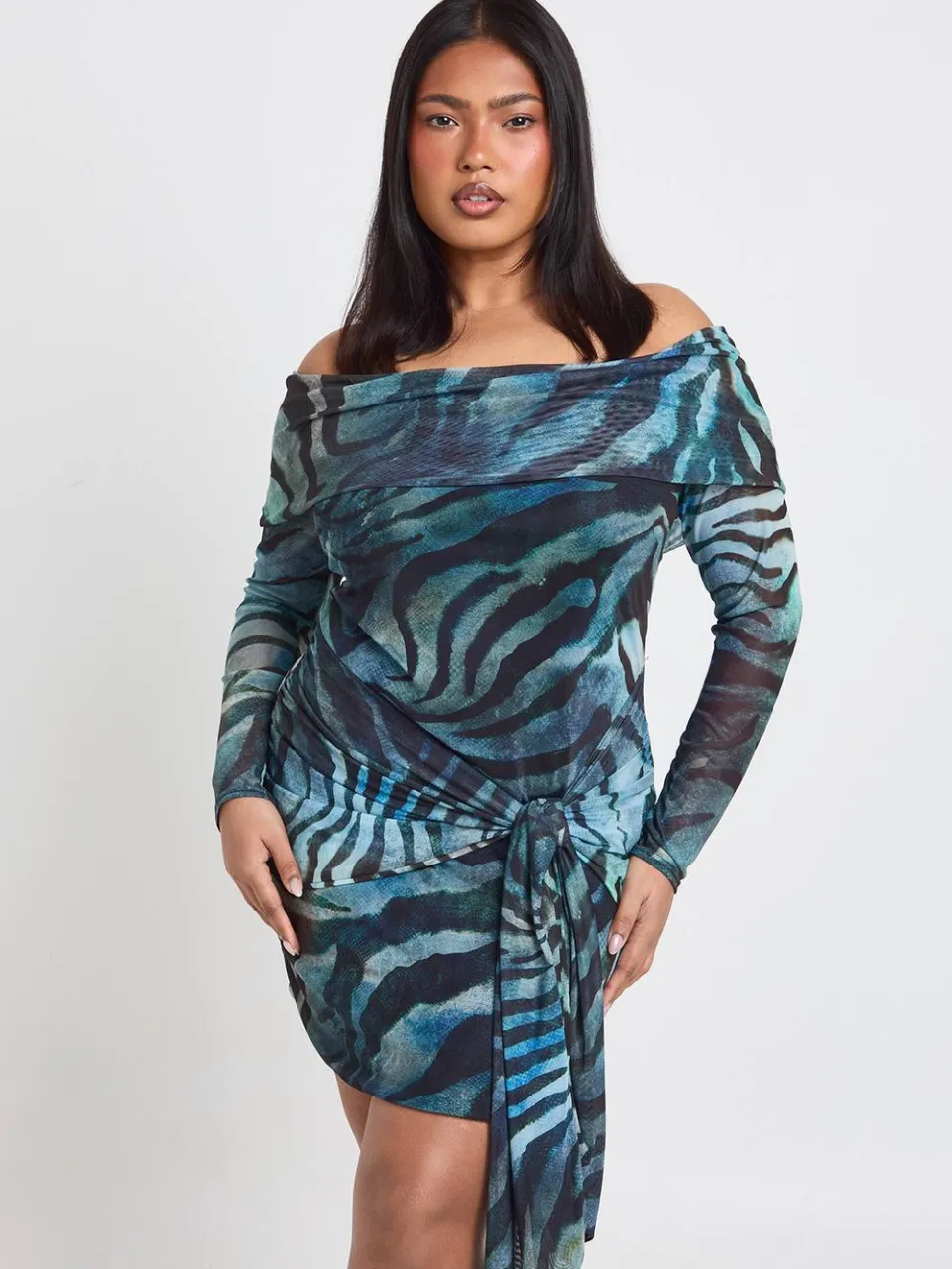 boohoo Dames Plus Dierenprint Bardot Mini Jurk Met Strikdetail blauw, foto 3