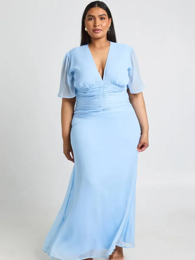 boohoo Dames Plus Chiffon Geplooide Taille Maxi Jurk Poederblauw